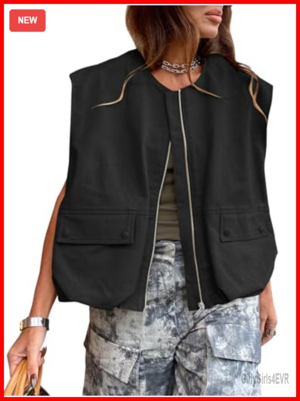 Casual Zip Up Vest Cargo Oversized Ruched Hem Sleeveless Blazer Jacket